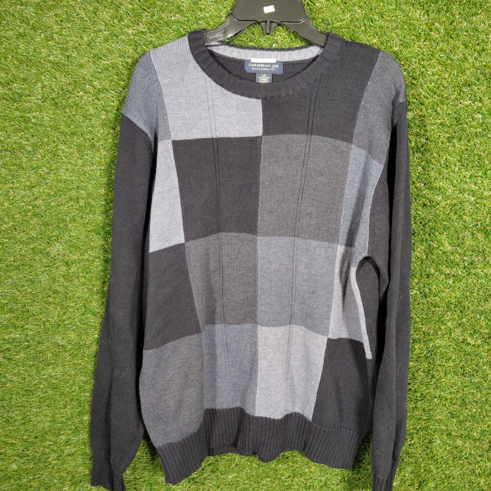 Caribbean Joe Island Supply Co. Mens‎ Checkered Sweater L/G Grey Black Knit